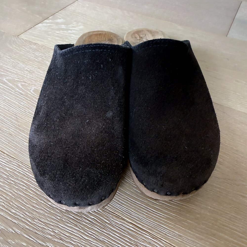 Black Brown Suede Leather Wood Platform Clogs Mules Boho Shoes Cottage sz 9